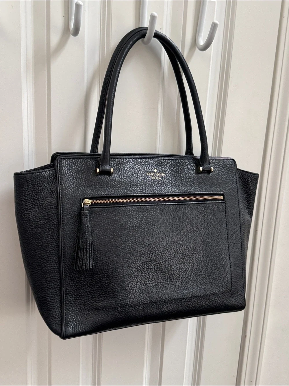 kate spade Black Pebbled Leather Tote with Front Zip Tassel